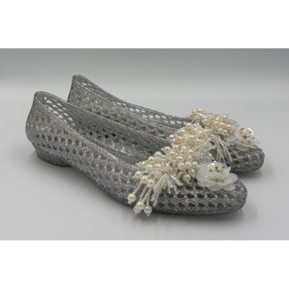 Jeffrey Campbell Whimzy Womens 8 Silver Glitter Pearl Jelly Flats WHIMZY-P